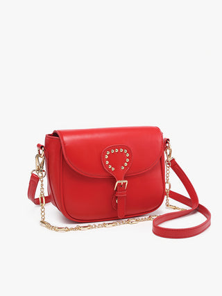 Cherry Red studded heart crossbody bag with flap and adjustable shoulder strap