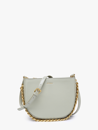 Vegan chain saddle bag, light green front view with gold chain strap and buckle detail