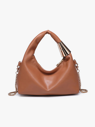 Rosario Vegan Crossbody in Light brown, curved silhouette with top handle and chain strap