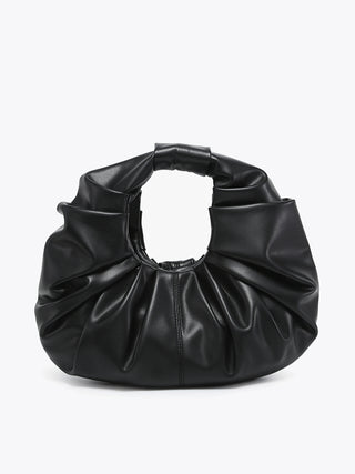 Black vegan ruched satchel with ring handle and ruched gathered body