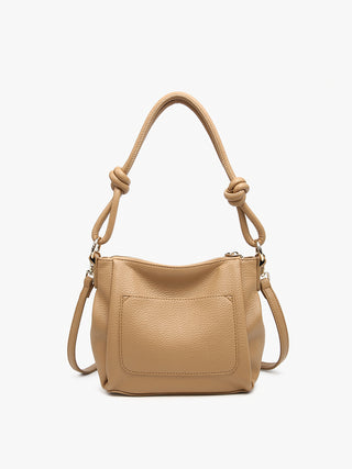 Chicago vegan knotted shoulder bag in greige, front view with knotted handle detail