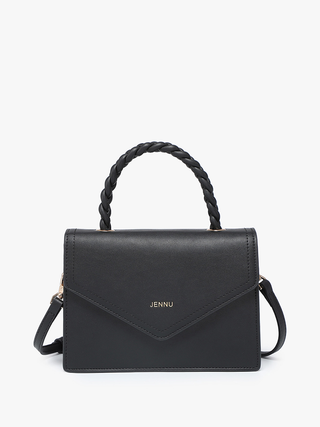 Black vegan braided crossbody bag with flap front, braided top handle, and gold hardware