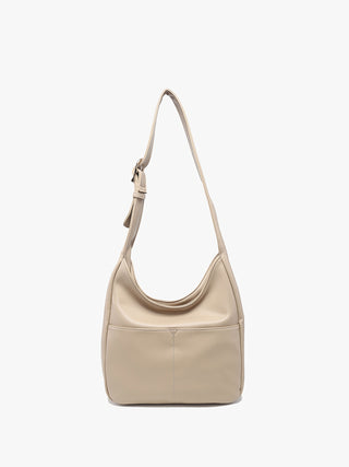 Greige vegan hobo bag with slouchy shape and short shoulder strap