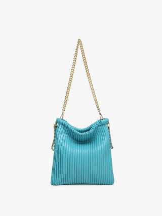 Aqua pleated bucket bag with ruched top and gold chain shoulder strap