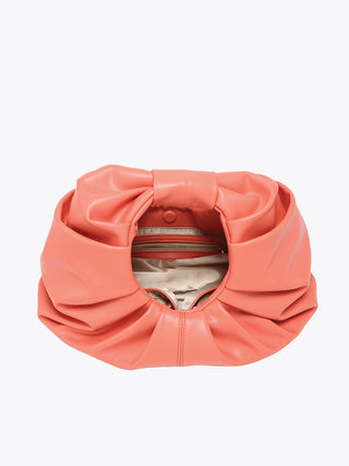 Peach ruched satchel open view, ring handle and top zipper closure