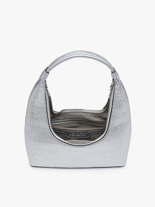 Silver metallic shoulder bag interior view with zipper pocket and logo