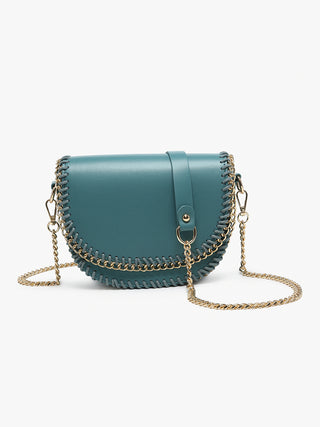 Ocean blue chain-trim crossbody with flap front and gold-tone shoulder chain