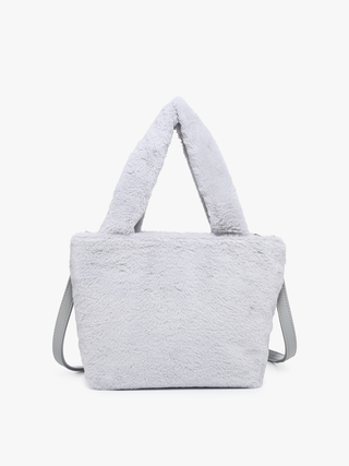 Light grey fuzzy vegan satchel with short handles and side straps