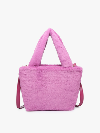 Purple fuzzy satchel with short handles and magenta side straps