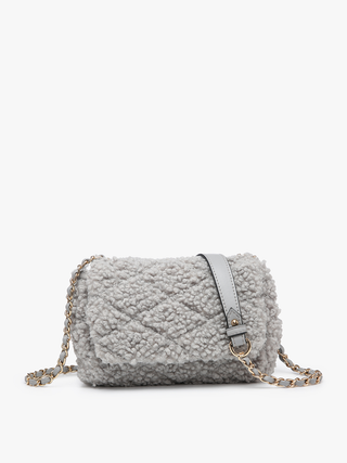 Grey sherpa crossbody with top flap and gold chain shoulder strap