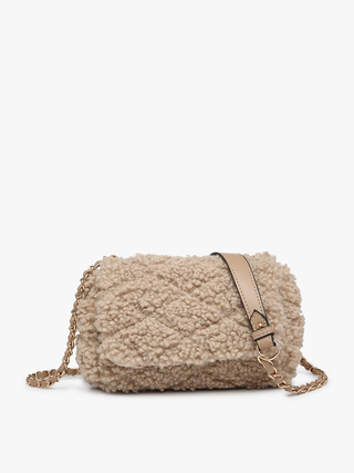 Sofia vegan sherpa crossbody in tan with flap and gold chain strap