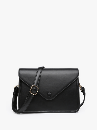Lagos vegan envelope crossbody bag, black with front flap and buckle crossbody strap