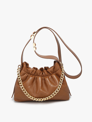 Ruched vegan bucket bag in brown with gold chain strap and long shoulder handle