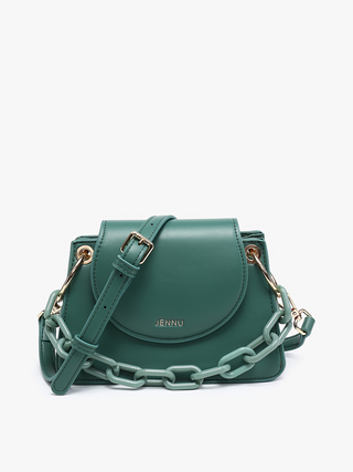 Emerald green vegan chain satchel with flap, gold hardware, and link strap