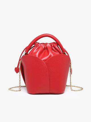 Red vegan petal bucket bag with ruched drawstring top and gold chain shoulder straps