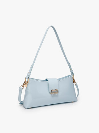 Baby Blue high-gloss shoulder bag with adjustable strap and front clasp detail.
