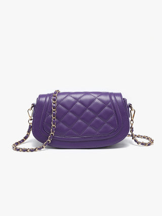 Dark purple quilted vegan crossbody bag with chain strap and curved flap front.