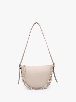 Lt. Sand vegan chain saddle bag side view, curved flap front with chain trim
