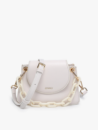 Ivory vegan chain satchel with front flap and chunky chain shoulder strap
