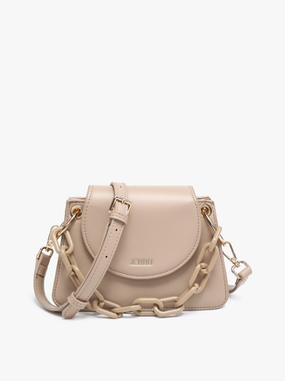 Taupe vegan chain satchel with front flap, gold hardware, and link shoulder strap