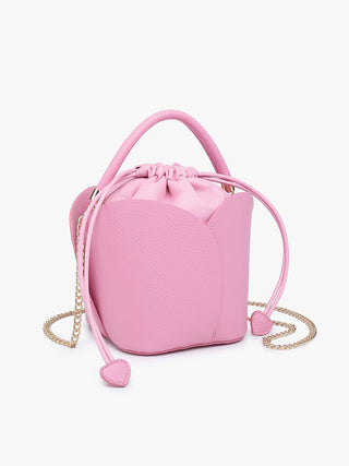 Bubblegum pink bucket bag, petal-style panels, drawstring ruching, crossbody chain straps