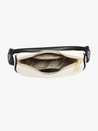 Black-and-white shoulder bag open view, gold zipper and brown interior lining