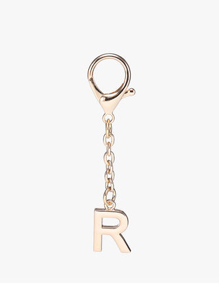 Letter bag charm with gold-tone chain and loop, R-shaped metal letter