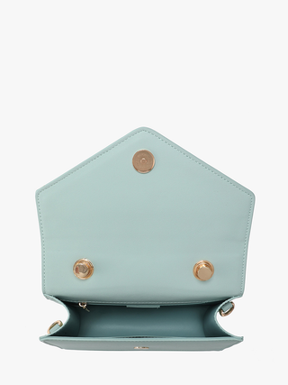 Light blue vegan crossbody bag interior view with snaps and gold-tone hardware