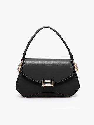 Black structured crossbody with front flap and gold-tone clasp, top handles