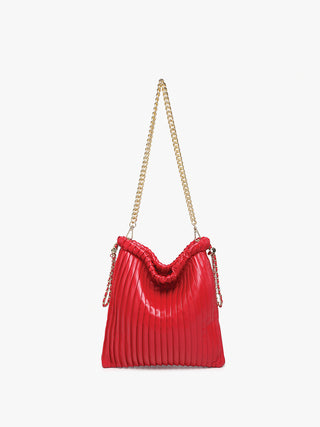 Red pleated bucket bag with gold chain strap and ruched drawstring top