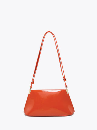 Flame red vegan shoulder bag with top opening, wide body, gold hardware accents