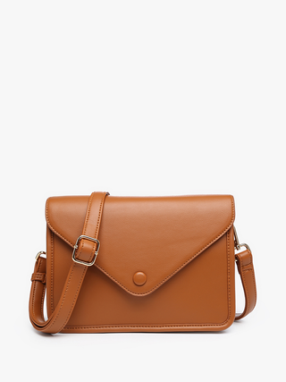 Lagos vegan envelope crossbody bag, tan-brown with envelope front flap and round snap