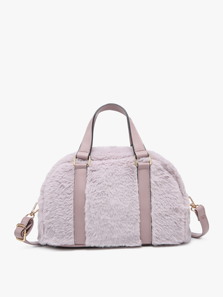 Sherpa Boston bag in light mauve with beige leather-style straps and gold hardware