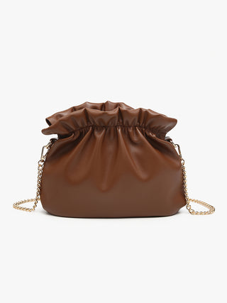 Chocolate brown cinched crossbody bag with drawstring top and gold chain handles