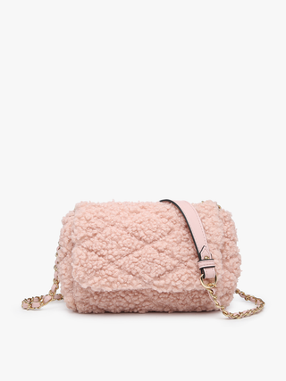 Pink sherpa crossbody bag with top flap and gold chain strap