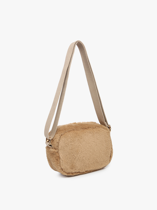 Tan faux fur mini belt bag with long shoulder strap and gold-tone clasp