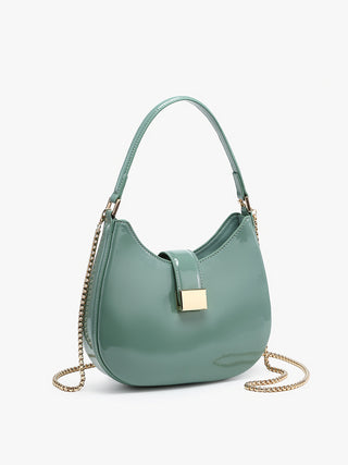 Jade green glossy crossbody bag with top handle, chain strap, and gold-lock detail