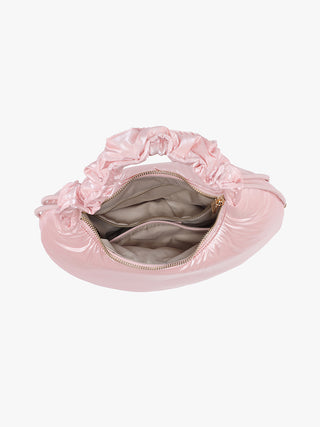 Pale Pink puffy shoulder bag interior with zipper trim and visible inner lining