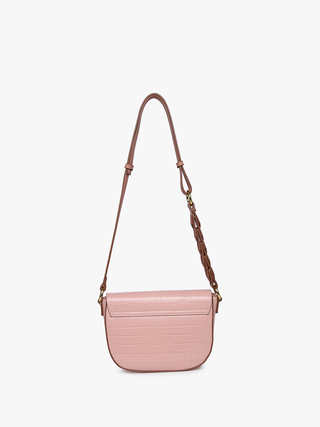 Melbourne vegan shoulder bag, pink faux-croc texture, chain strap, rounded flap.