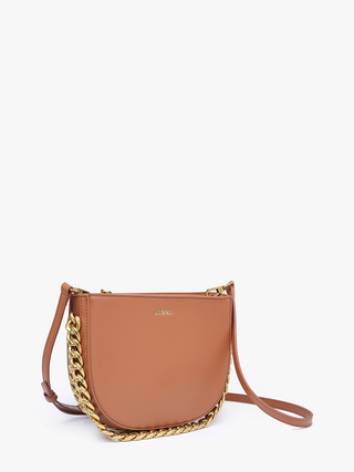 Vegan chain saddle bag, light brown side view with gold chain and adjustable shoulder strap