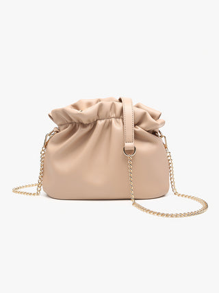 Sand cinched crossbody bag with gathered top, gold chain strap, vegan leather look