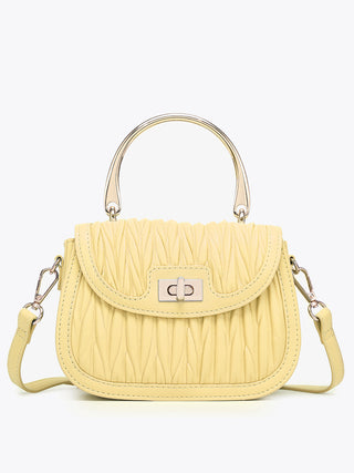 Pale Yellow vegan textured satchel with gold-tone handles and front clasp
