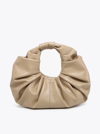 Taupe vegan ruched satchel with ring handle and draped gathered sides