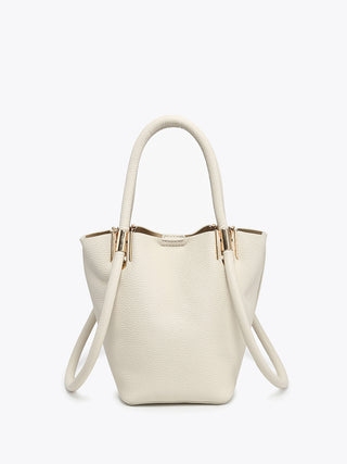 Off-white bucket bag with top handles and gold zipper pulls