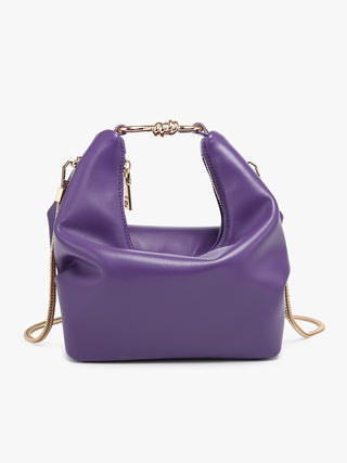 Midnight purple mini satchel with gold chain handle and braided shoulder strap