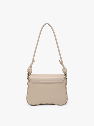 Fiji vegan curved shoulder bag in light beige, side view with adjustable strap
