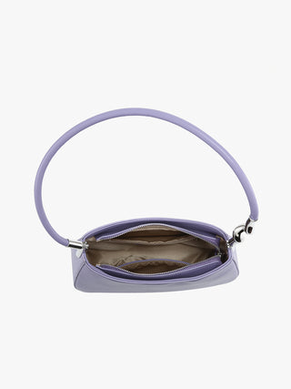 Dark lavender curved shoulder bag open top with zip; inside lining visible