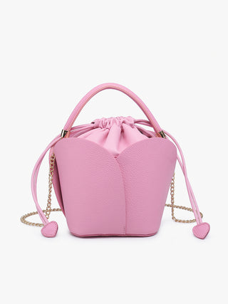 Bubblegum pink petal bucket bag with rounded handles, gold chain straps, small hanging tag