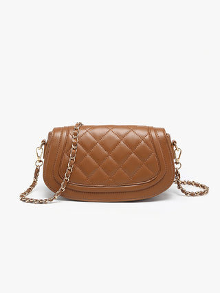 Brown quilted vegan crossbody bag with chain strap and stitched flap front.