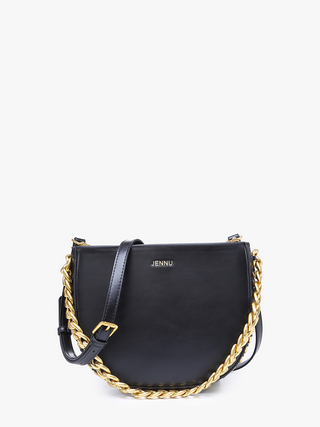 Vegan chain saddle bag, black front view with gold chain strap and branded center logo